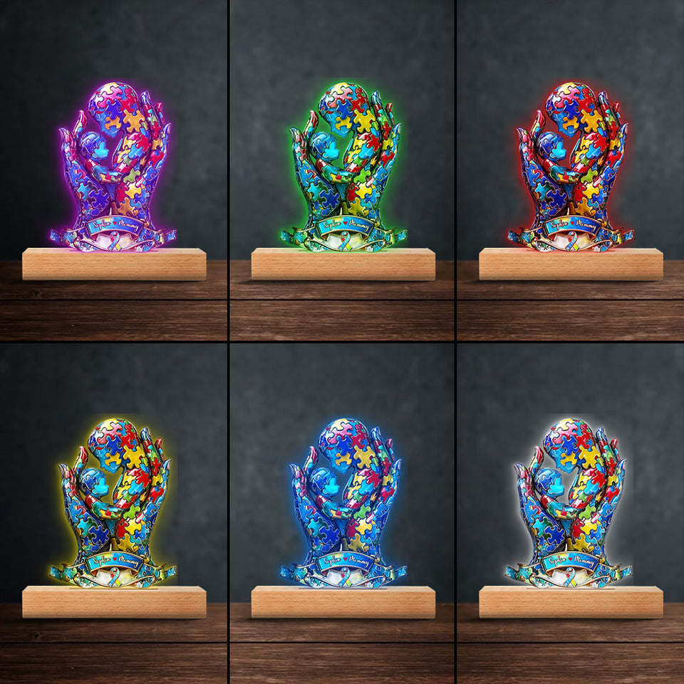 Mom And Kid - Personalized Autism Awareness Shaped Plaque Light Base
