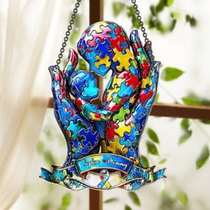 Maman et enfant - Décoration attrape-soleil personnalisée à suspendre à la fenêtre pour la sensibilisation à l'autisme 