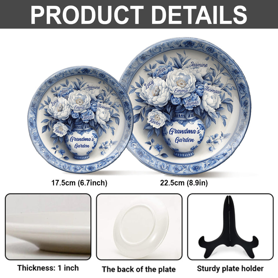 Classic Blue & White Grandma's Flower Garden - Personalized Grandma Ceramic Round Plate