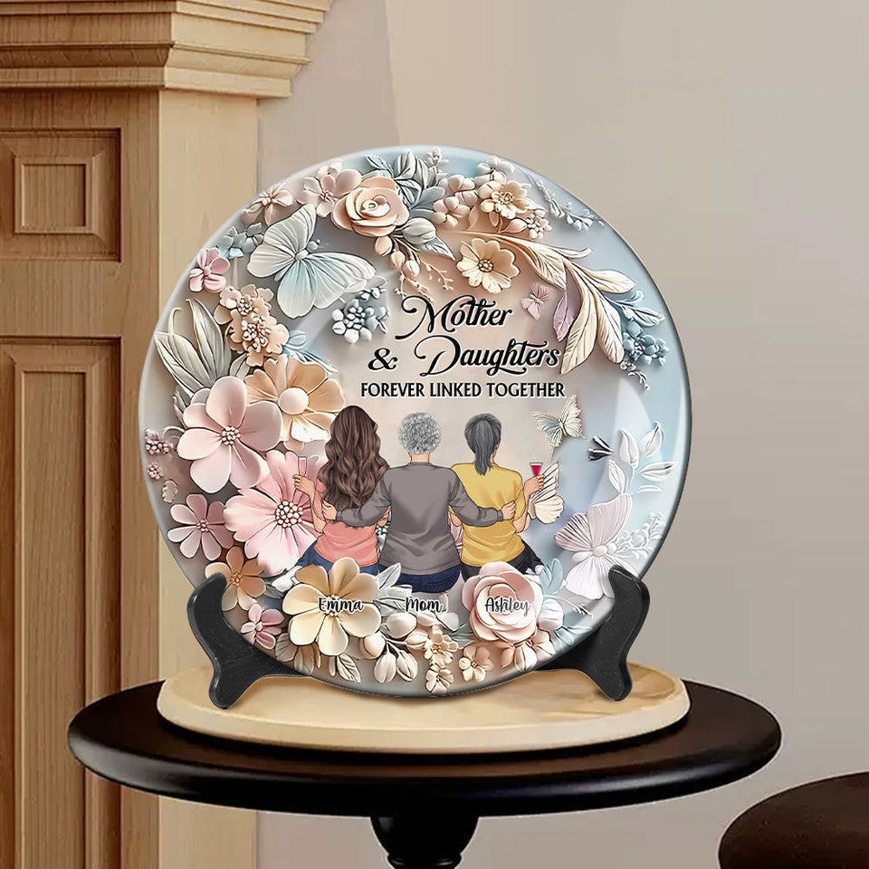 Mère et filles liées à jamais - Assiette ronde en céramique personnalisée pour maman
