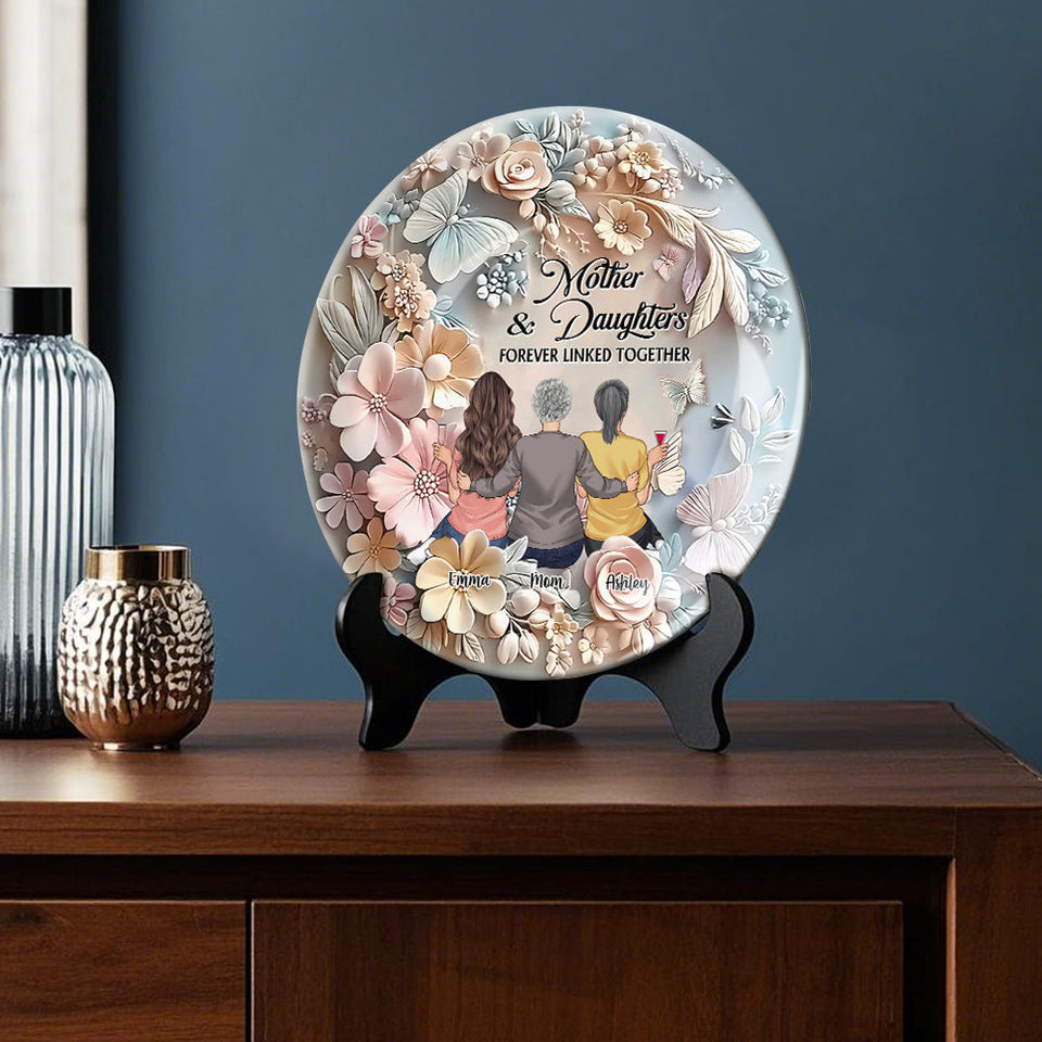 Mère et filles liées à jamais - Assiette ronde en céramique personnalisée pour maman