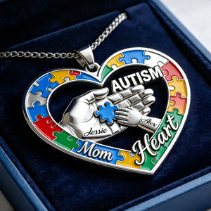 Autism Mom Heart - Personalized Autism Awareness Shaped Metal Pendant Necklace