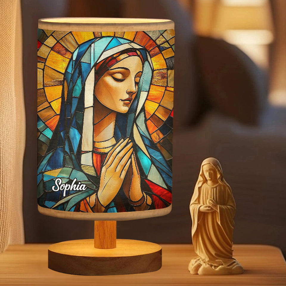 Lampe de table chrétienne personnalisée Mère Maria avec pied en bois