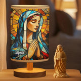 Lampe de table chrétienne personnalisée Mère Maria avec pied en bois
