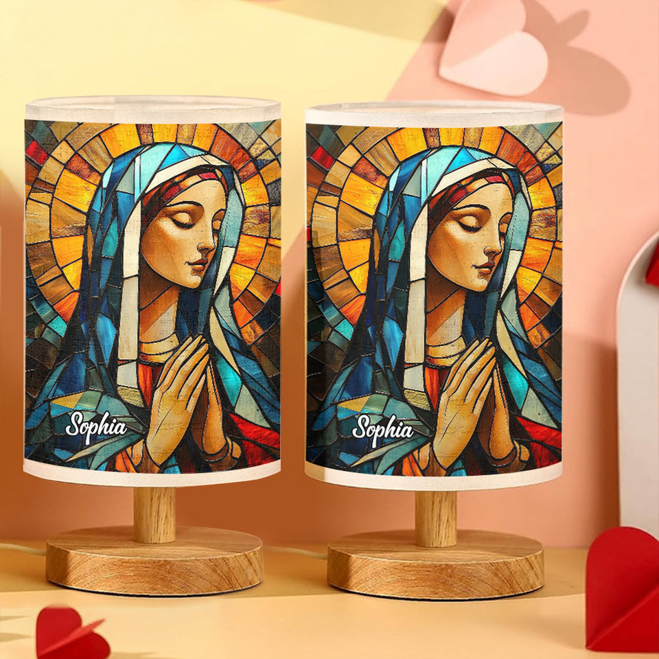 Lampe de table chrétienne personnalisée Mère Maria avec pied en bois