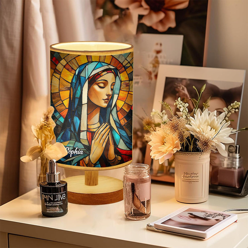 Lampe de table chrétienne personnalisée Mère Maria avec pied en bois