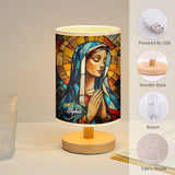 Lampe de table chrétienne personnalisée Mère Maria avec pied en bois