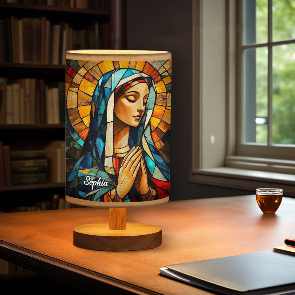 Lampe de table chrétienne personnalisée Mère Maria avec pied en bois