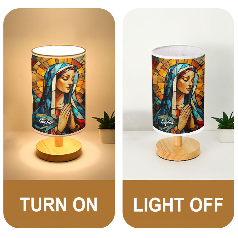 Lampe de table chrétienne personnalisée Mère Maria avec pied en bois