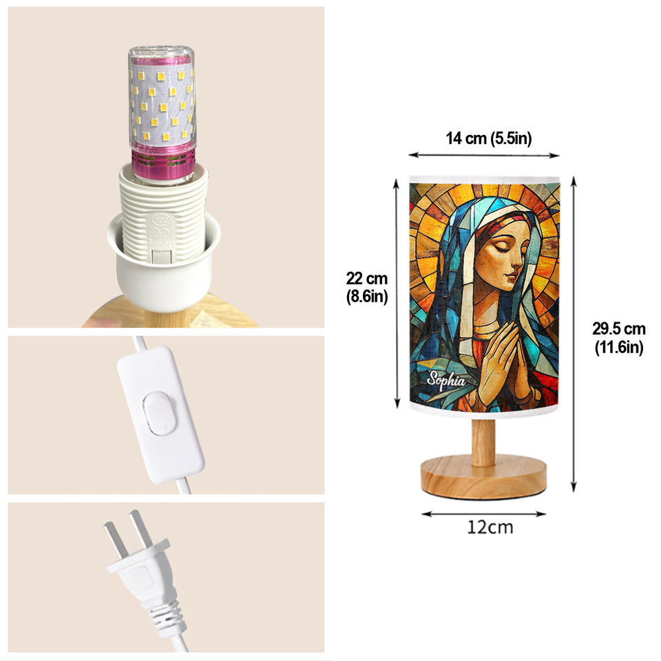 Lampe de table chrétienne personnalisée Mère Maria avec pied en bois