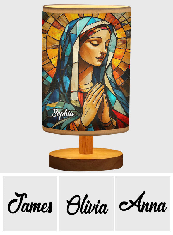 Lampe de table chrétienne personnalisée Mère Maria avec pied en bois