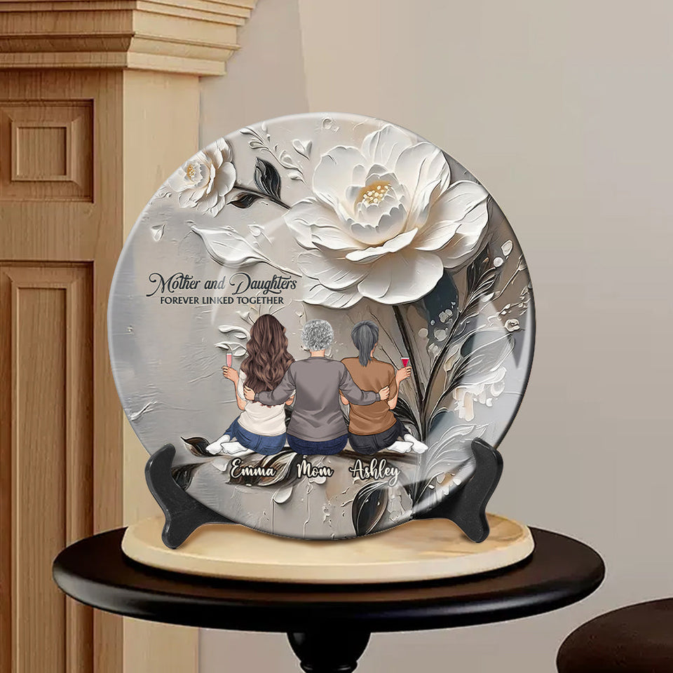 Mère et filles liées à jamais - Assiette ronde en céramique personnalisée pour maman