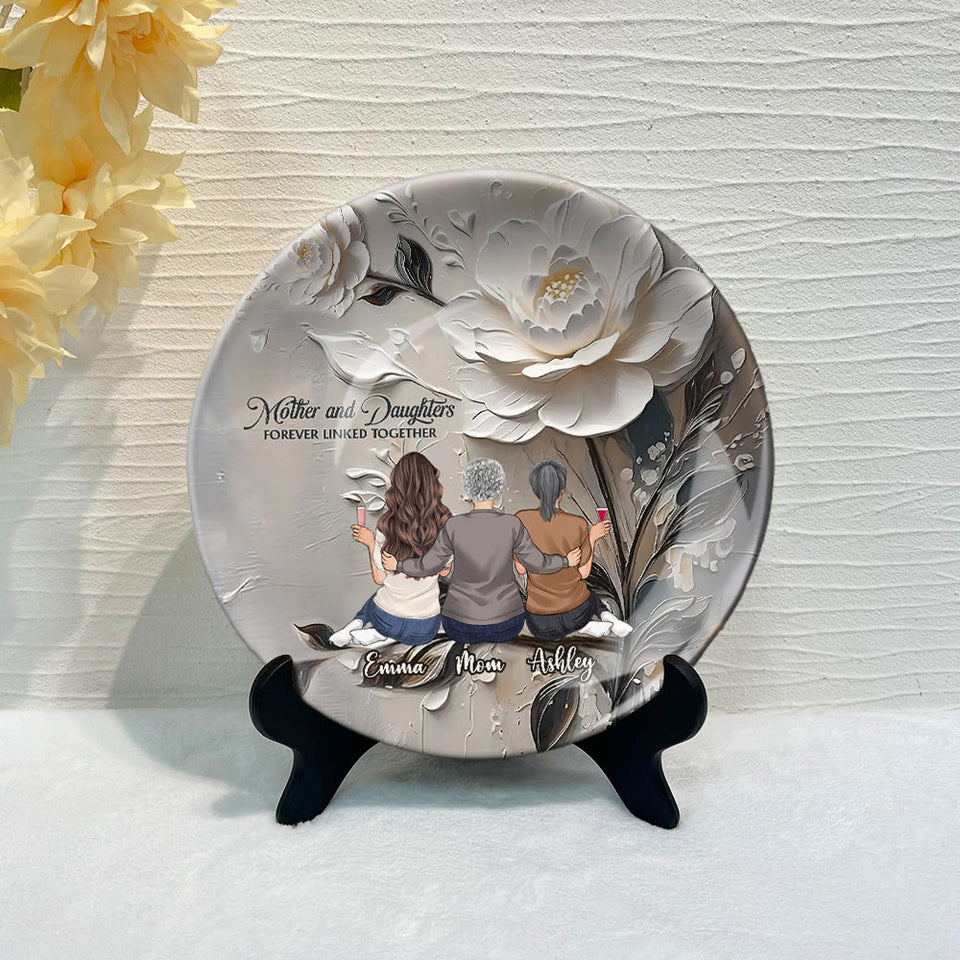 Mère et filles liées à jamais - Assiette ronde en céramique personnalisée pour maman