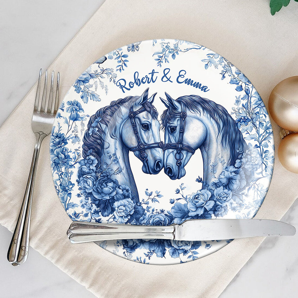 Dieu a béni le chemin sinueux qui m'a mené jusqu'à toi - Assiette ronde en céramique personnalisée avec motif cheval
