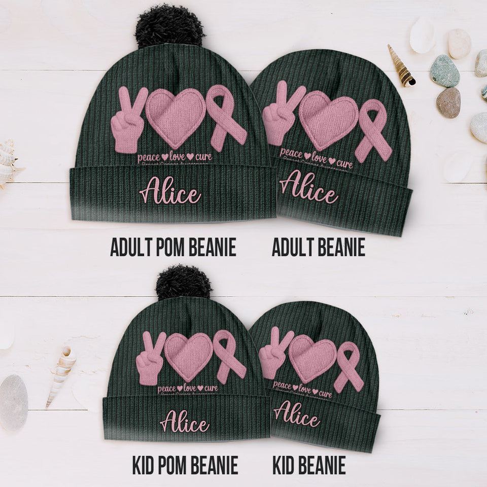 Bonnet personnalisé « Peace Love Cure » ​​avec ruban rose – Sensibilisation au cancer du sein