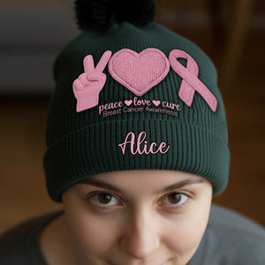 Bonnet personnalisé « Peace Love Cure » ​​avec ruban rose – Sensibilisation au cancer du sein
