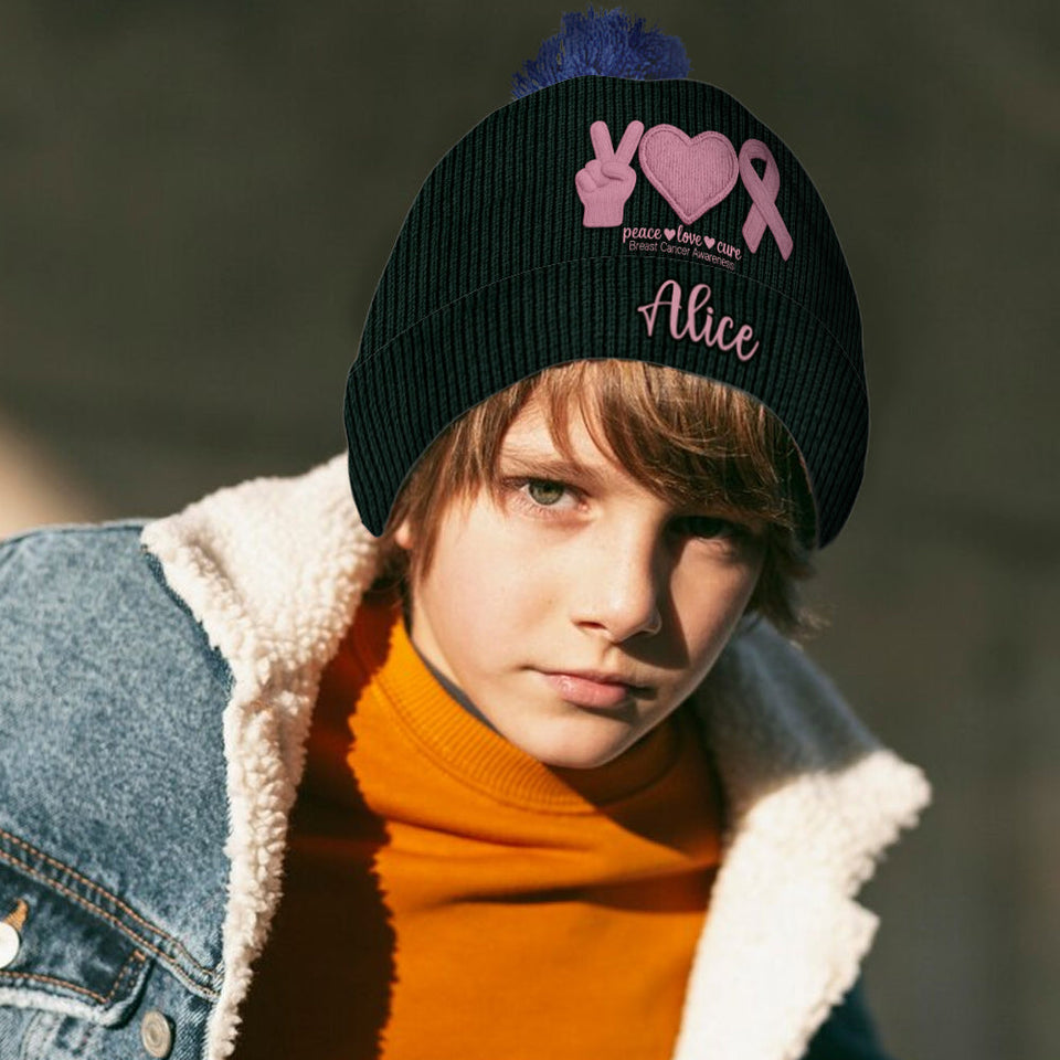 Bonnet personnalisé « Peace Love Cure » ​​avec ruban rose – Sensibilisation au cancer du sein