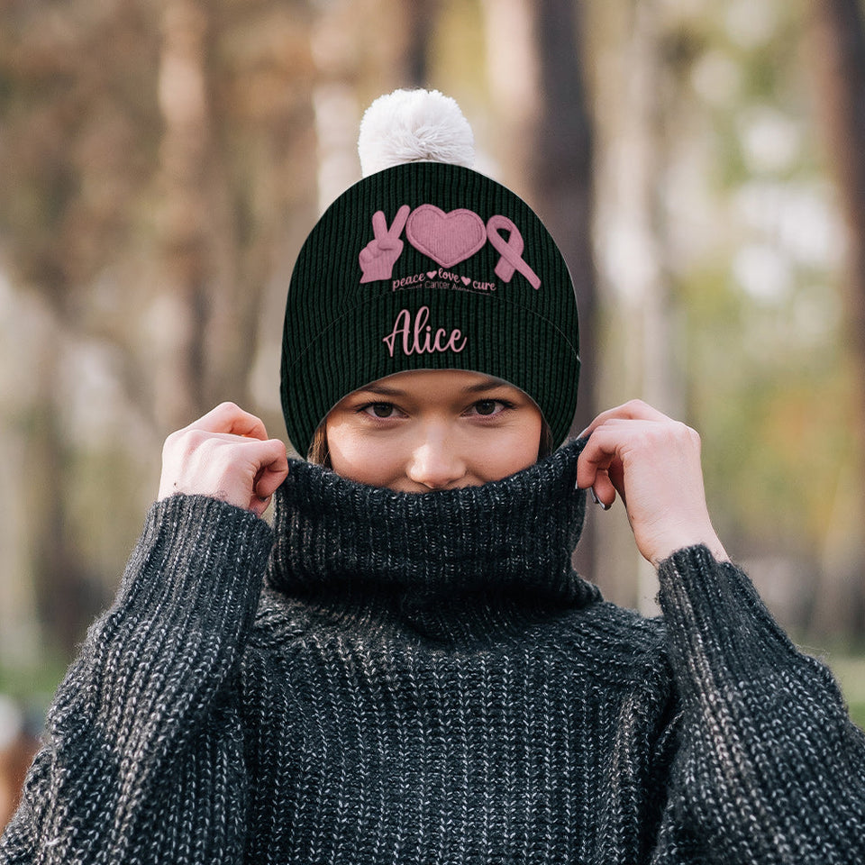 Bonnet personnalisé « Peace Love Cure » ​​avec ruban rose – Sensibilisation au cancer du sein