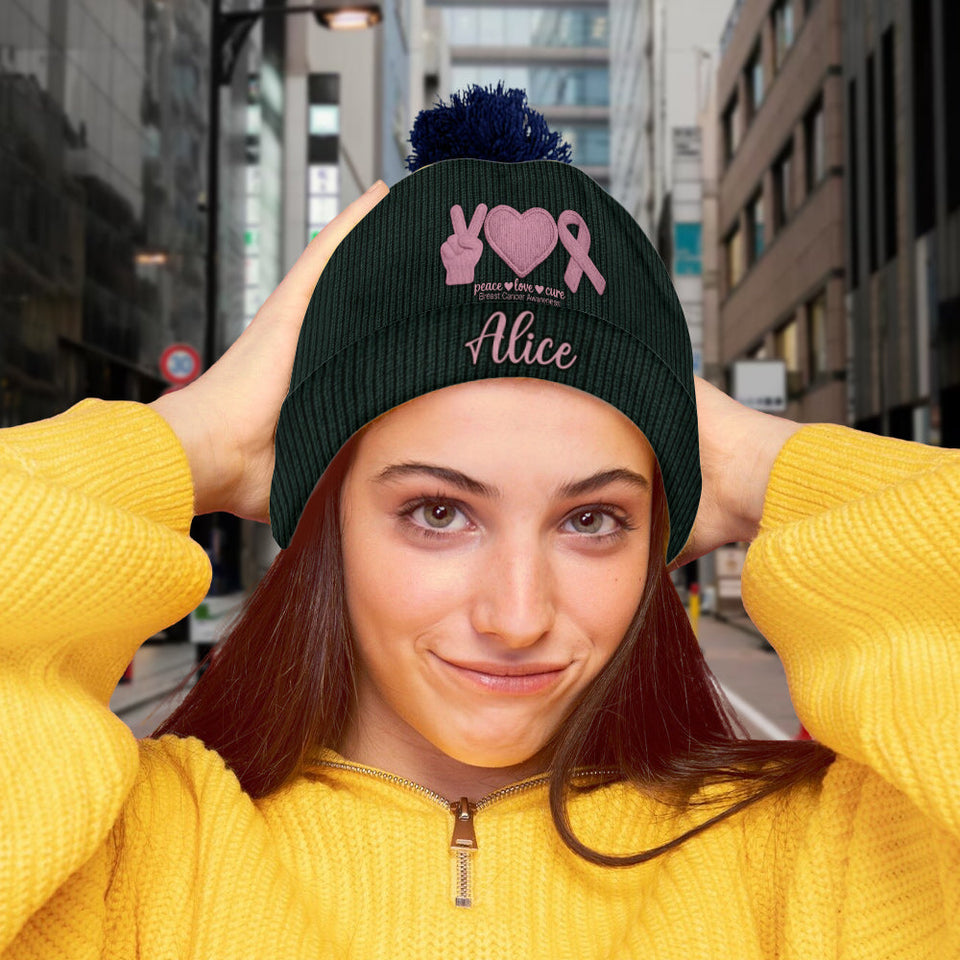 Bonnet personnalisé « Peace Love Cure » ​​avec ruban rose – Sensibilisation au cancer du sein