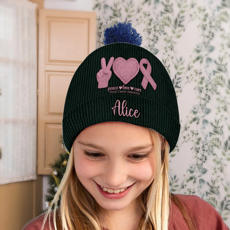 Bonnet personnalisé « Peace Love Cure » ​​avec ruban rose – Sensibilisation au cancer du sein