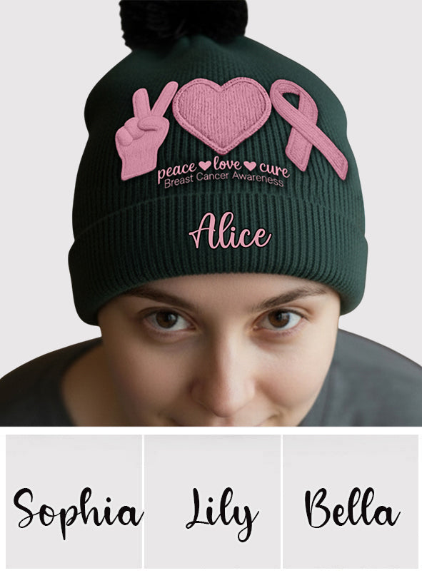 Bonnet personnalisé « Peace Love Cure » ​​avec ruban rose – Sensibilisation au cancer du sein