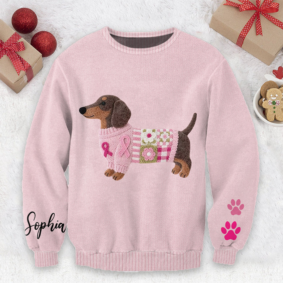 Pink Dachshund Knit - Personalized Breast Cancer Awareness Ugly Sweater