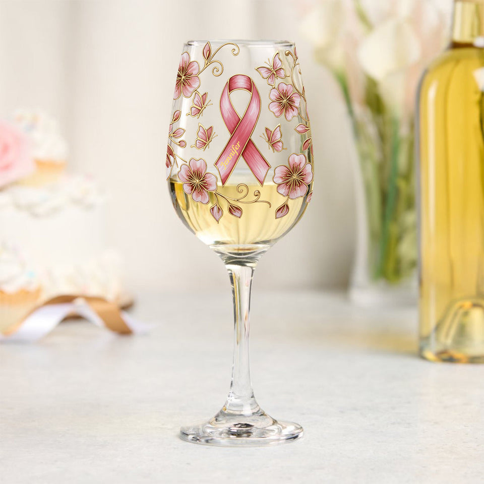 Pink Ribbon - Personalized Breast Cancer Awareness Wine Glass With Long Stem