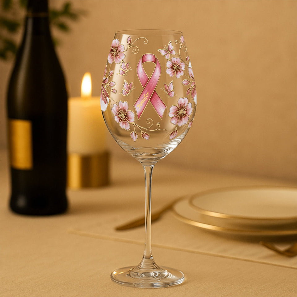 Pink Ribbon - Personalized Breast Cancer Awareness Wine Glass With Long Stem
