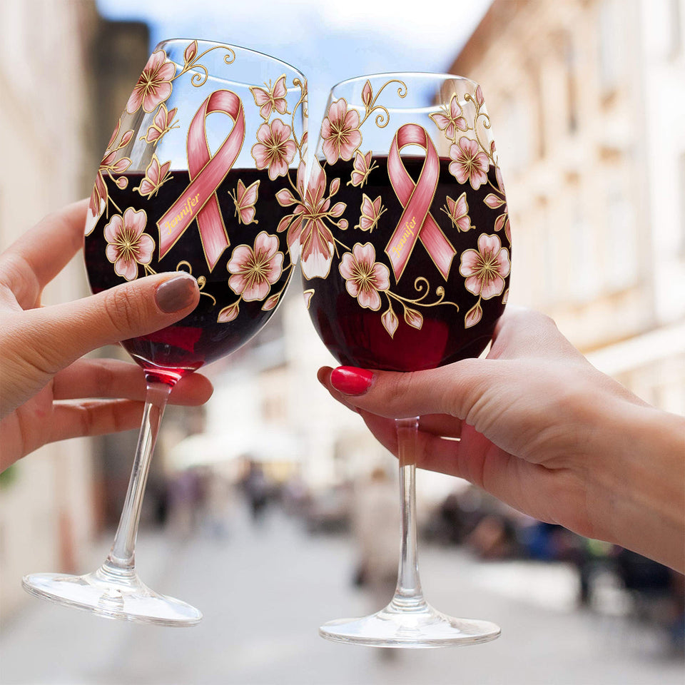 Pink Ribbon - Personalized Breast Cancer Awareness Wine Glass With Long Stem
