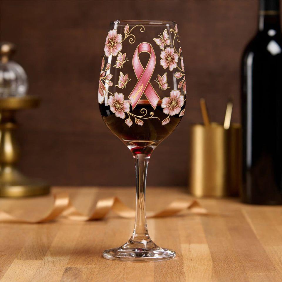 Pink Ribbon - Personalized Breast Cancer Awareness Wine Glass With Long Stem