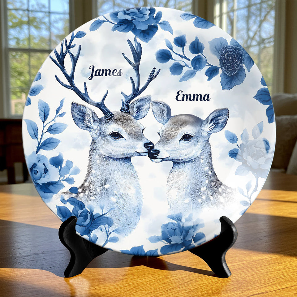 Couple de chasseurs - Assiette ronde en céramique personnalisée sur le thème de la chasse