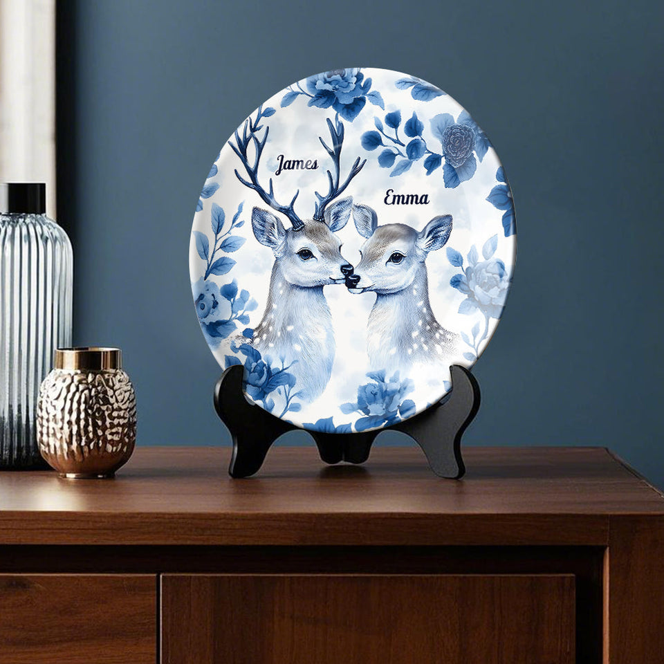 Couple de chasseurs - Assiette ronde en céramique personnalisée sur le thème de la chasse