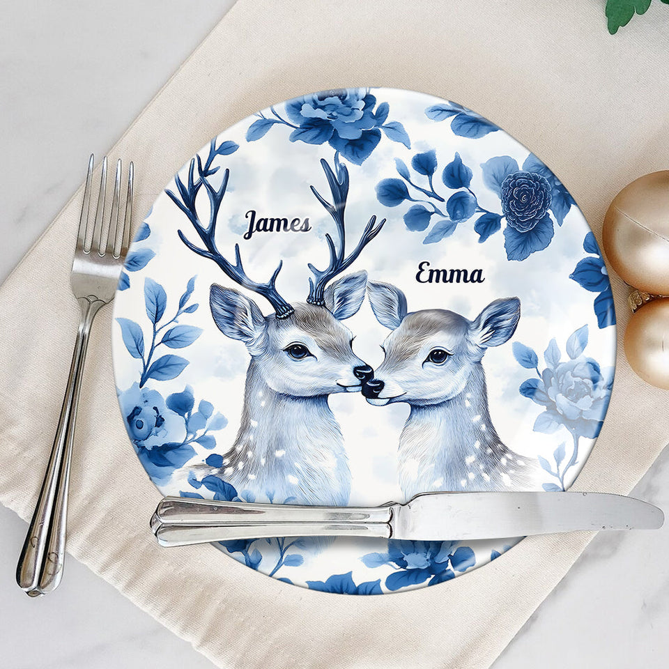 Couple de chasseurs - Assiette ronde en céramique personnalisée sur le thème de la chasse