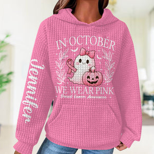 En octobre, on porte du rose ! Sweat à capuche gaufré personnalisé « Fantôme mignon » pour la sensibilisation au cancer du sein.