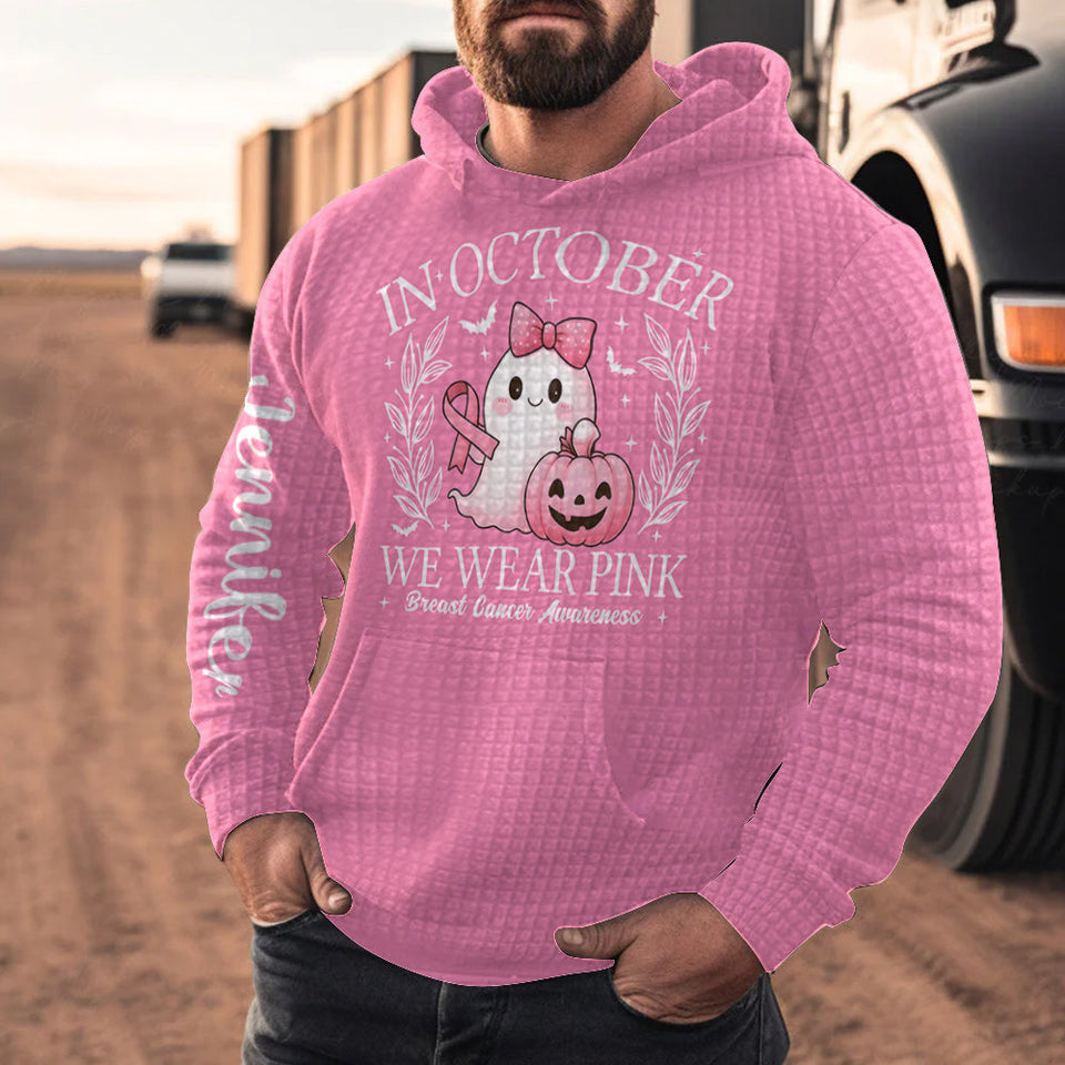 En octobre, on porte du rose ! Sweat à capuche gaufré personnalisé « Fantôme mignon » pour la sensibilisation au cancer du sein.