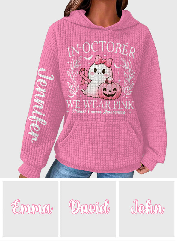 En octobre, on porte du rose ! Sweat à capuche gaufré personnalisé « Fantôme mignon » pour la sensibilisation au cancer du sein.