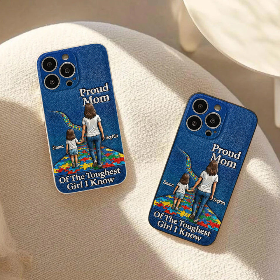 Proud Dad Of The Toughest Boy I Know - Personalized Autism Awareness 3D Embossed Leather Phone Case