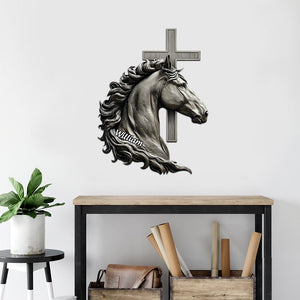 Cheval et Croix - Panneau en métal découpé chrétien personnalisé