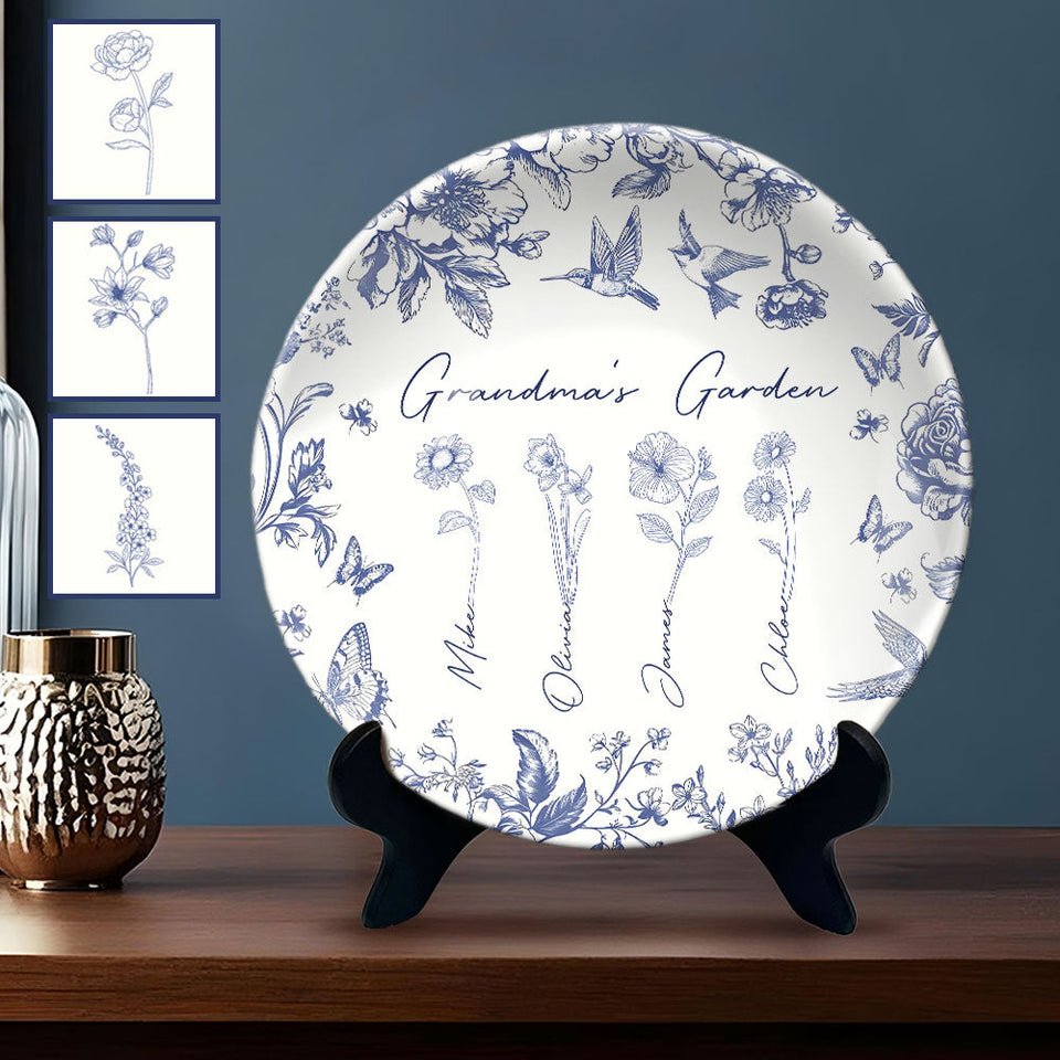 Cadeau « Jardin de grand-mère » pour grand-mère, maman… - Assiette ronde en céramique personnalisée « Grand-mère »
