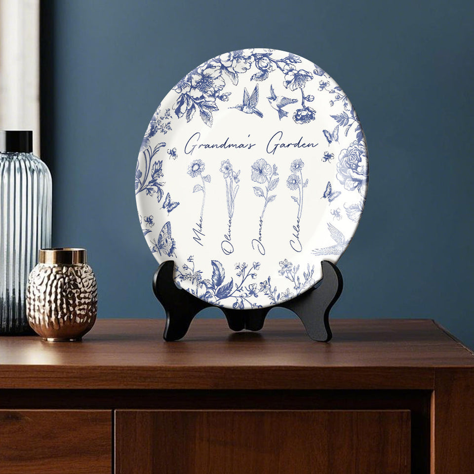 Cadeau « Jardin de grand-mère » pour grand-mère, maman… - Assiette ronde en céramique personnalisée « Grand-mère »