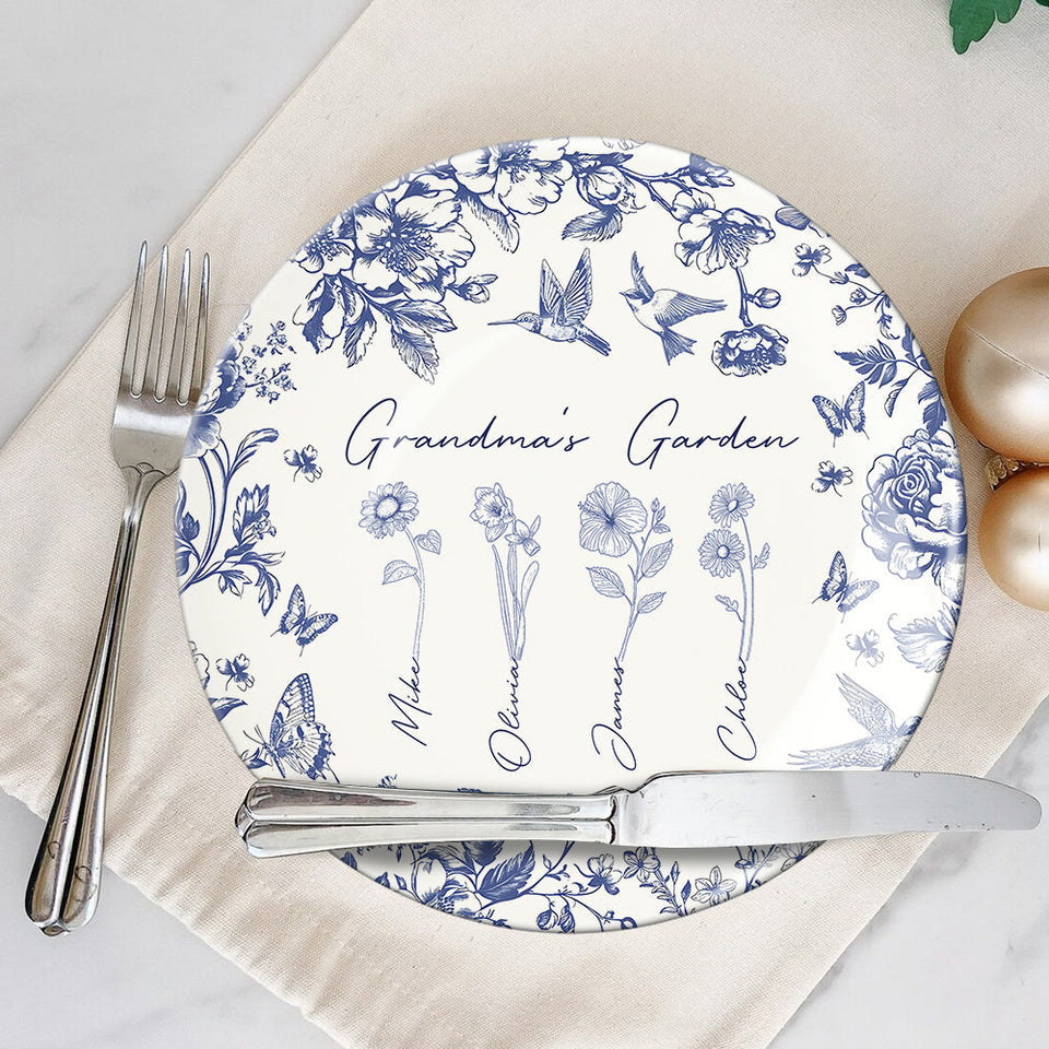 Cadeau « Jardin de grand-mère » pour grand-mère, maman… - Assiette ronde en céramique personnalisée « Grand-mère »