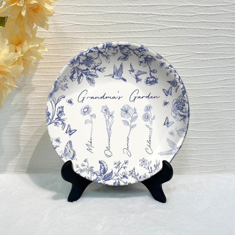 Cadeau « Jardin de grand-mère » pour grand-mère, maman… - Assiette ronde en céramique personnalisée « Grand-mère »