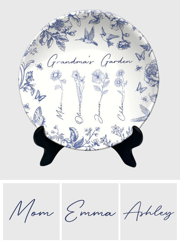 Cadeau « Jardin de grand-mère » pour grand-mère, maman… - Assiette ronde en céramique personnalisée « Grand-mère »