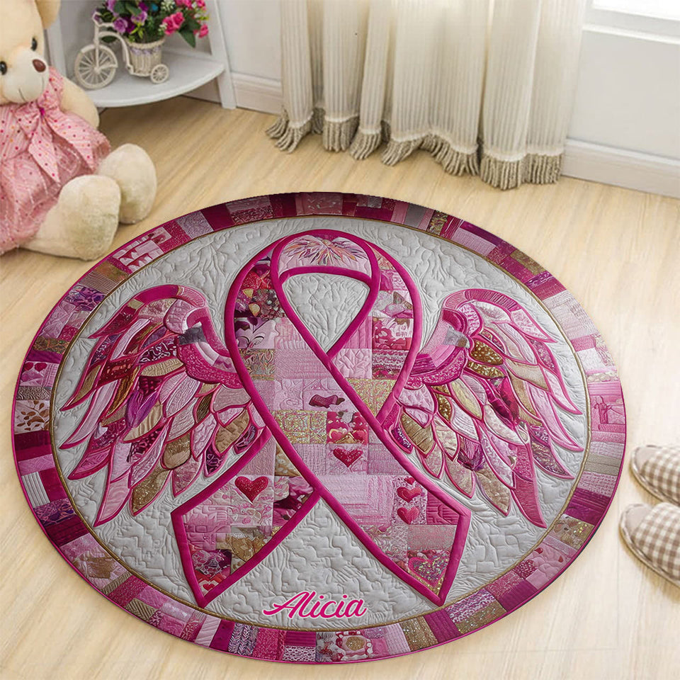 The Breast Cancer Ribbon Quilted - Personalized Breast Cancer Awareness Round Rug