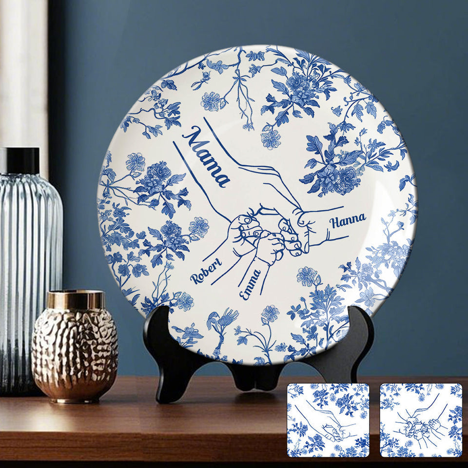 Classic White & Blue Mother Children Hands - Personalized Mother Ceramic Round Plate