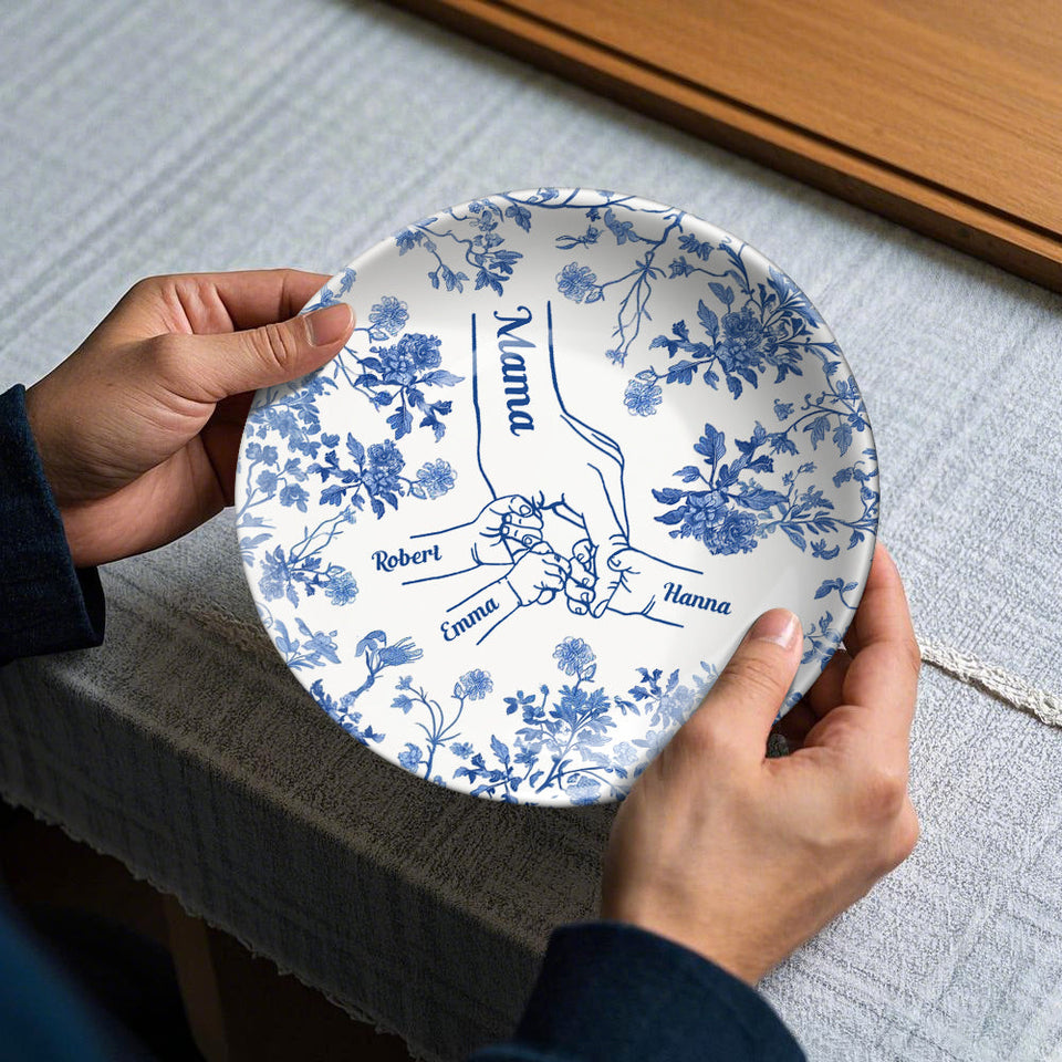 Classic White & Blue Mother Children Hands - Personalized Mother Ceramic Round Plate