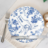 Classic White & Blue Mother Children Hands - Personalized Mother Ceramic Round Plate