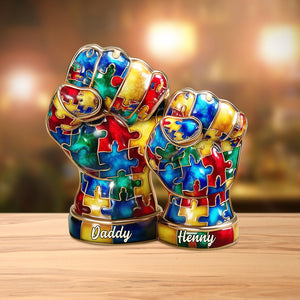 Autism Hand Dad And Kid - Personalized Autism Awareness Custom Shaped Acrylic Plaque