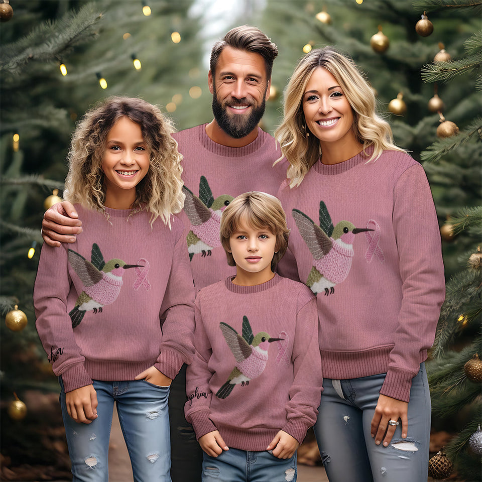 Pink Hummingbird Knit - Personalized Breast Cancer Awareness Ugly Sweater