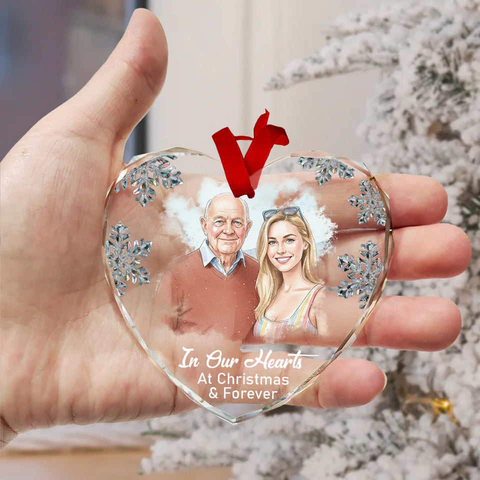 In Our Hearts At Christmas & Forever - Personalized Memorial Heart Shaped Glass Ornament